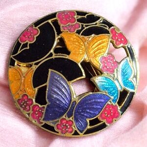 Vintage Floral & Butterflies Cloisonne Enamel Scarf Clip